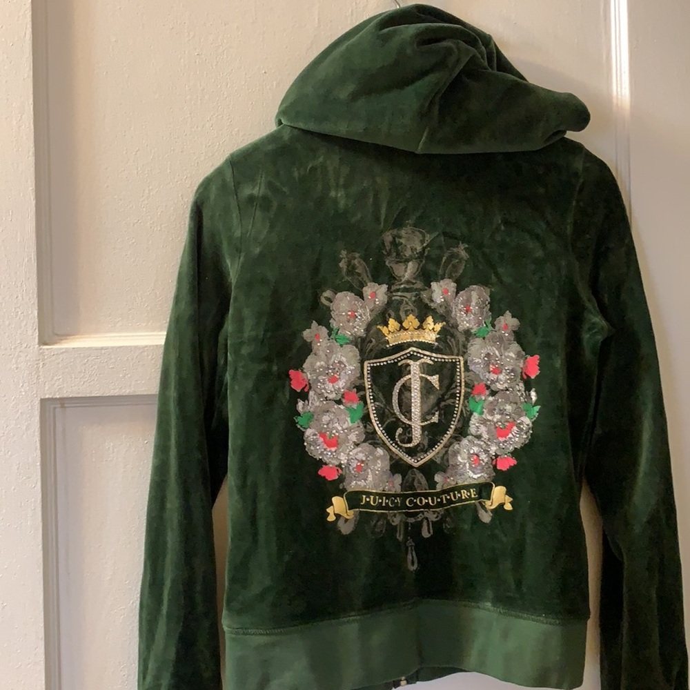 Y2K VINTAGE JUICY COUTURE GREEN VELOUR TRACKSUIT HOODIE JACKET SZ M VELVET PLUSH - Picture 11 of 16